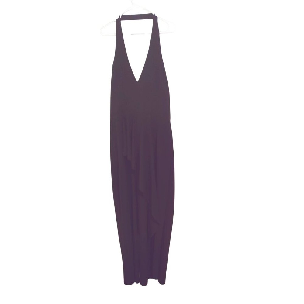 Bebe Scuba Crepe Jumpsuit Black Halter Neck Ruffle At Waist Large Womens